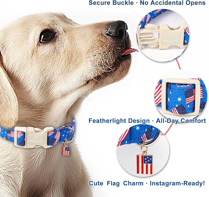 Maca Bates 4th of July Basic Dog Collar with America Flag Charm for Extra Large Boy Girl,Blue Dot USA Flags Dogs Collars Adjustable Soft Independence Day Gift for Male Female Puppy