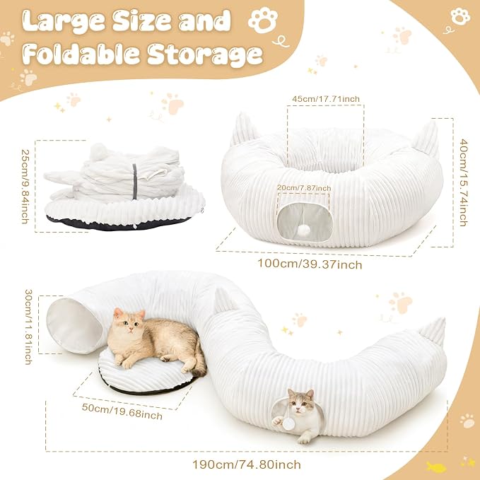 OurWarm Large Cat Tunnels for Indoor Cats– Plush Cat Donut Tunnel, White Cat Bed Tunnel for Under Christmas Tree, Multifunctional Playground Toys Hideplace for Kittens, Rabbit, Ferret (39.37in Dia)