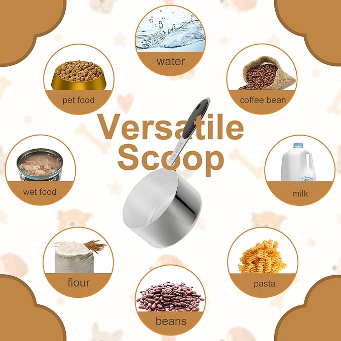 LEIFENY 1/2 Cup Dog Food Scoop, Stainless Steel Scooper for Feeding Pet, Cat, Dog, Rabbit, Bird, Long Handle, Dishwasher Safe