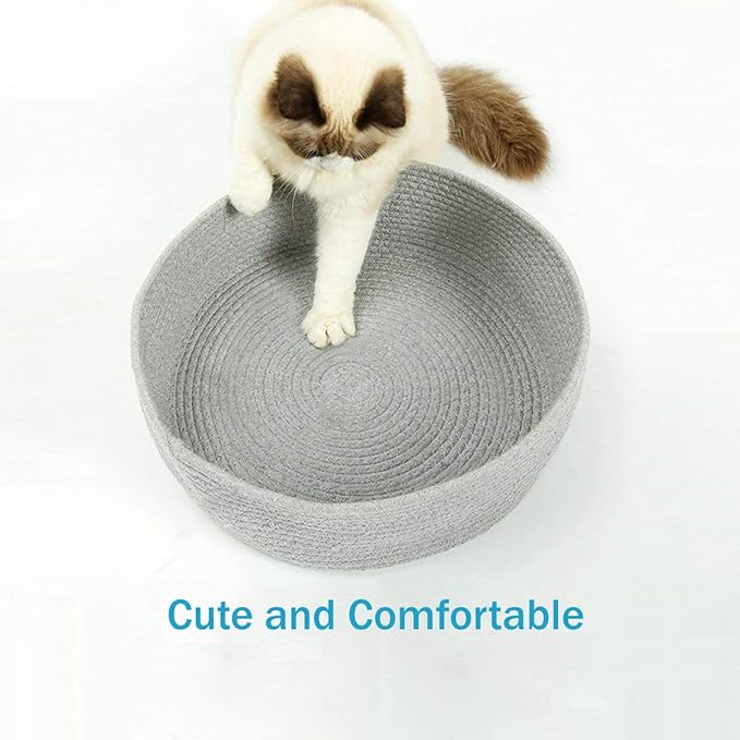 Large Cat Bed Basket Round Cotton Rope Woven - Calming Rope Bed Sleep Surface 17.7 inches(45 cm),Cozy Scratching Indoor Pet Bed for a Large Cat or 2 Small Cats,Fit up to 20 lbs Pets,Washable,Grey