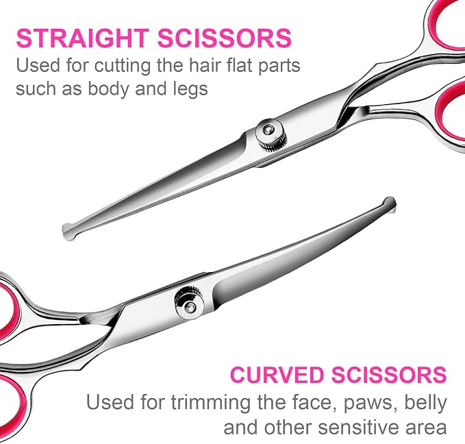 TINMARDA Dog Grooming Kit, Professional Stainless Steel Dog Grooming Scissors with Curved Shears, Pink Finger Rings - 5 Piece Sharp Durable Pet Shears for Dogs Cats At Home Salon-Quality Grooming