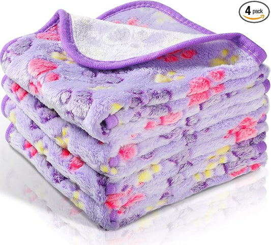 Tatuo 4 Pack Fleece Dog Blankets for Puppy Cats Multi-Size Sleep Mat for Pet Guinea Pig Soft Washable Warm Crate Bed Puppy Teething Toys Print Pattern Blanket Indoor(Purple,30 x 20.5 Inch,Paw)