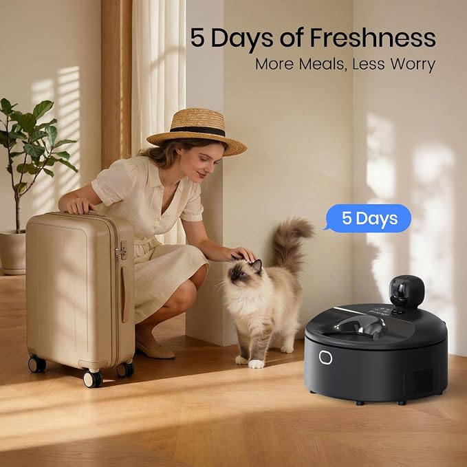 Automatic Wet Food Cat Feeder with 3MP Camera, App Control, Dual Semiconductor Cooling, Heating Feeding Area, 5 Stainless Steel Trays Pet Food Dispenser