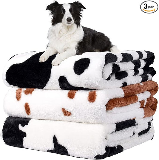 Rezutan 1 Pack 3 Blankets for Dogs, Dog Blanket for Large & Medium Pet Cat, Premium Soft Fluffy Suitable for Dog Kennels & Beds, Sofas, Gifts Puppy Essentials, 41x31inch, Black Brown White Cow Print