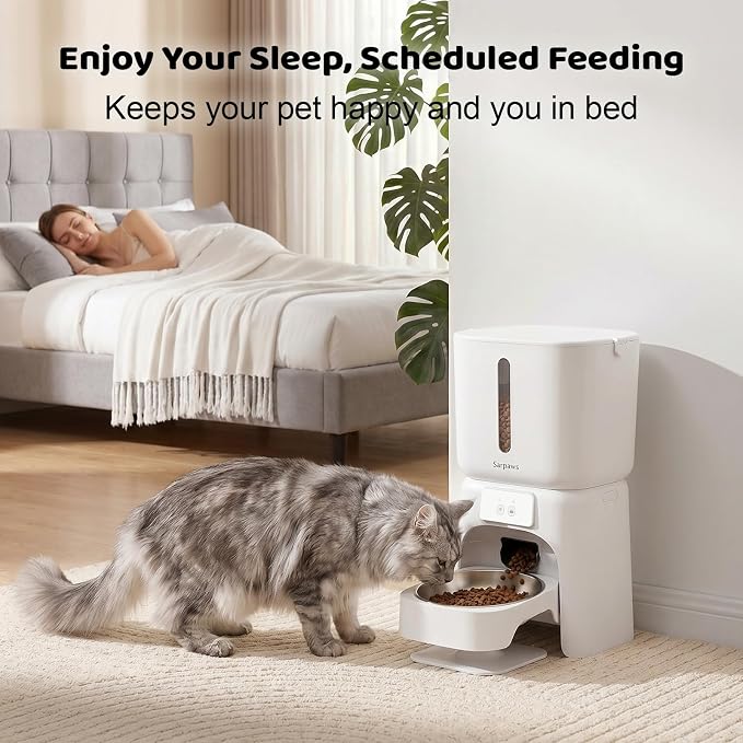 SARPAWS Automatic Cat Feeder, 6L WiFi Smart Pet Food Dispenser with App Control, Elevated 5° Slanted Stainless Steel Bowl, Timed Feeding for Cats and Dogs, Voice Recorder, Dual Power Supply