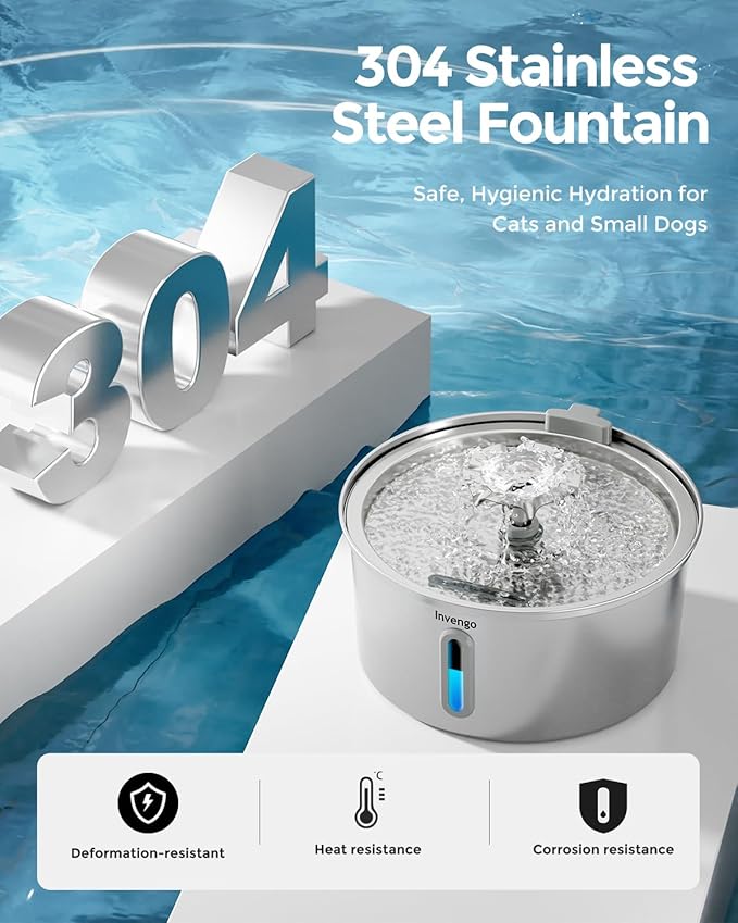 Invengo Cat Water Fountain Stainless Steel, 3.2L/108oz Pet Drinking Fountain for Cats Dogs, Automatic Cat Fountain with 2 Flow Modes, Splash-Proof Bowl, Includes 8 Replacement Filters
