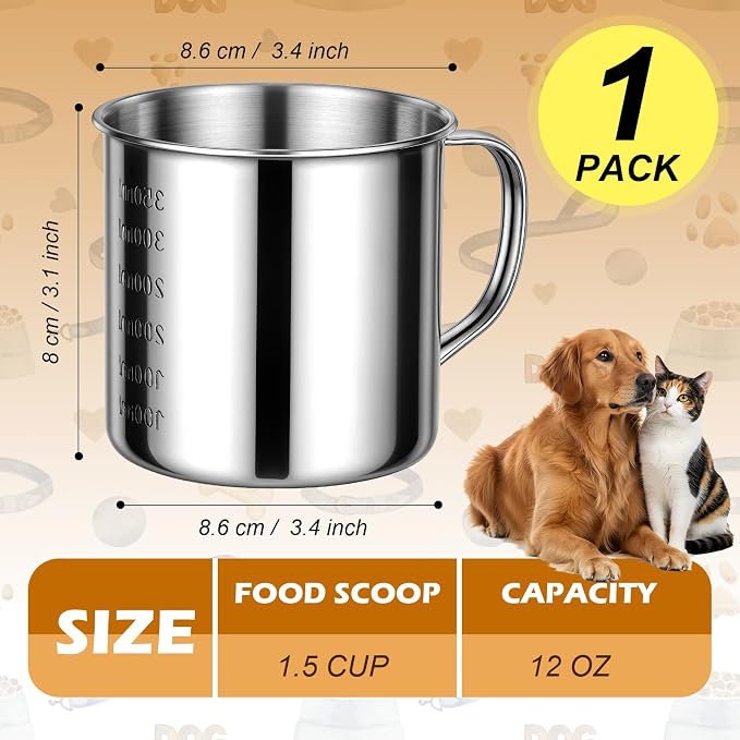 Dog Food Scoop 1.5 Cup,304 Stainless Steel Measuring Cups with Handle Pet Food Scoop Cup Measuring Scoop for Dogs, Cats, Birds & Rabbits – Ideal for Dry Food & Treats (1.5 Cup)