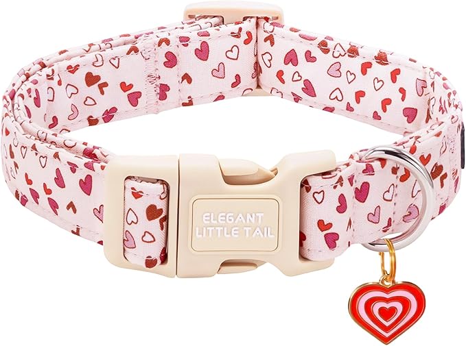 Elegant little tail Valentine's Dog Collar - Pink Heart Dog Collars Cotton Soft Puppy Adjustable Pet Collars with Sturdy Quick Release Buckle for Medium Dogs