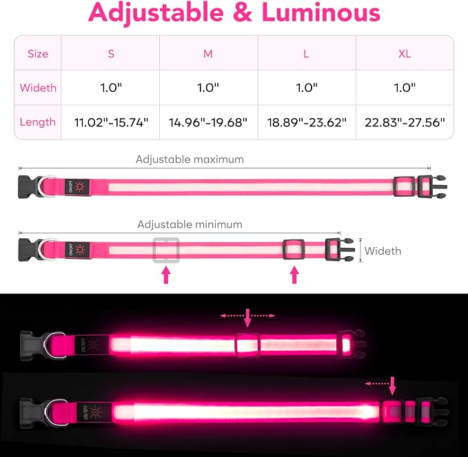 Vizpet LED Dog Collar, Light Up Dog Collar Adjustable USB Rechargeable Super Bright Safety Light Glowing Collars for Dogs (Medium, Pink)