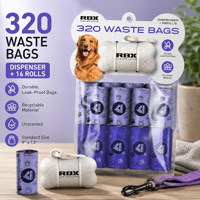 RBX Dog Poop Bags Rolls with Dog Poop Bag Holder for Leash, 320 Poop Bags for Dogs with Clip-On Dispenser, Durable Leak-Proof Dog Waste Bags, 16 Refill Rolls, Recyclable Material