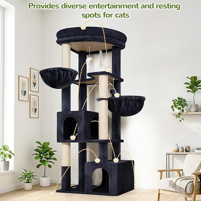 Globlazer 64in Corner Cat Tree for Large Indoor Cats, Space Saving Multi-Level Cat Tower with 2 Condos, 2 Hammocks, 4 Sisal Scratching Posts, C64, Dark Grey