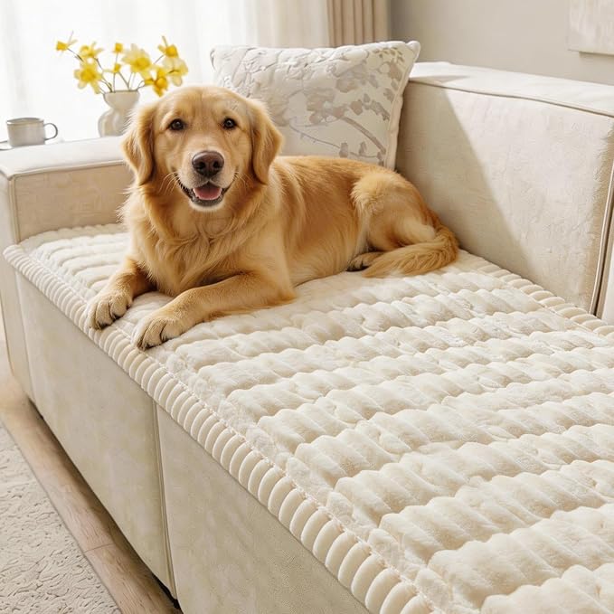 SureFit Couch Covers for Dogs,Washable Couch Protector for 3-Cushion Sofa,Non-Slip Paw Print Grip, Soft Skin-Friendly Furniture Cover for Pets,Thick and Cozy Slipcover for Sofa Cushions(28"x71" Ivory)