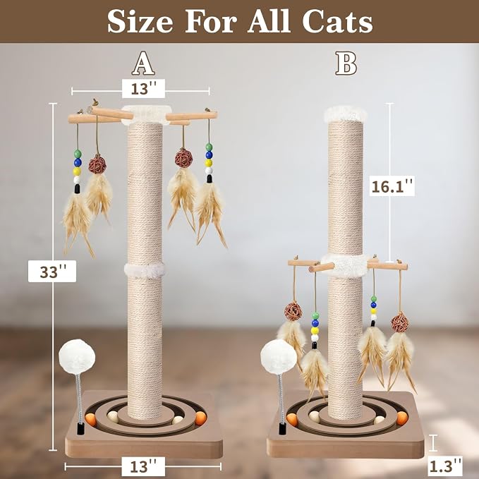 PAROTO Tall Cat Scratching Post, 33 Inch Sisal Cat Tree Tower Scratcher for Large Adult Indoor Cats, 2 Mounting Methods, Hanging Toys and Double Ball Track Activity Center