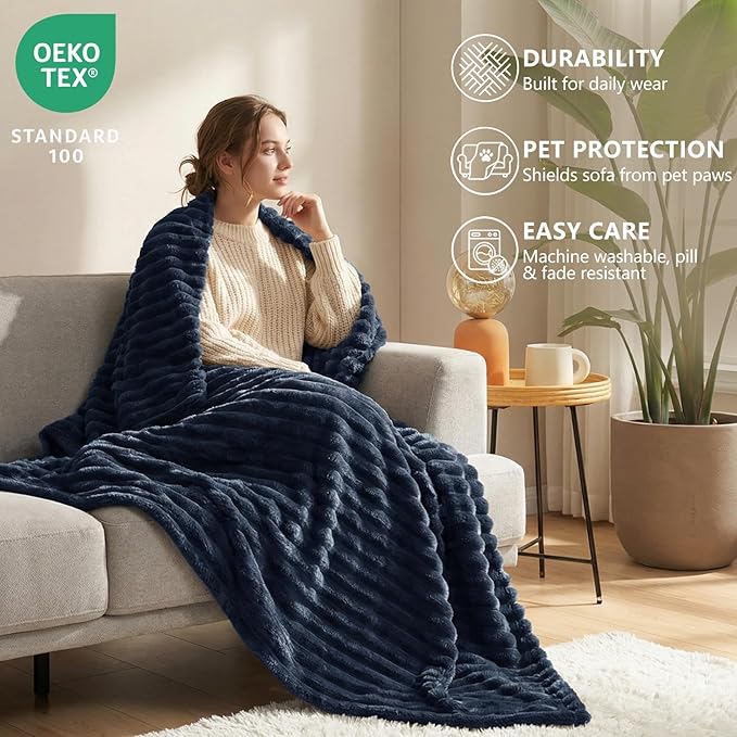 HIMEET Fleece Navy Blue Throw Blanket for Bed - 300GSM Ribbed Soft Cozy Blanket for Couch, Graduation Birthday Gifts for Women Men Dad, College Dorm Essentials Minimalist Room Throws, 50x60 Inches