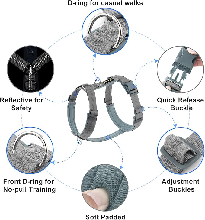 Plutus Pet No Pull Dog Harness, Adjustable Nylon Harness with Soft Padding, Reflective and Heavy Duty Dog Harness for Small, Medium, Large Dogs(Gray, XL)