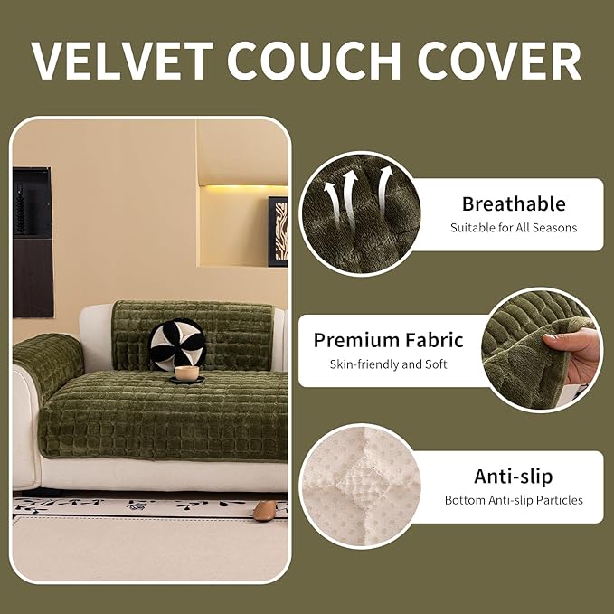 Velvet Couch Cover, Washable Sectional Sofa Cover, Anti Slip Sofa Slipcover for 3 Cushion Couch Sofa L Shaped Armrest Backrest, Furniture Protector Covers for Pets Kids(1PC,Green,36"×94")