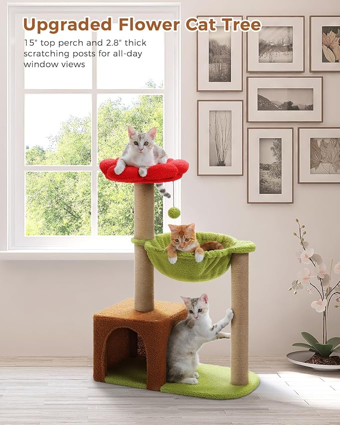 MUTTROS Flower Cat Tree with Sisal Scratching Posts, 35" Cute Cat Tower with Large Green Hammock for Small Indoor Cats, Cat Condo with Removable Flower Bed for Kittens, Brown