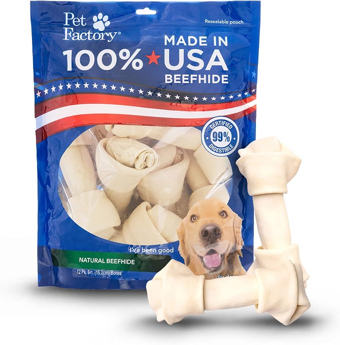 Pet Factory 100% Made in USA Beefhide 6" Knotted Bones Dog Chew Treats - Natural Flavor, 12 Count/1 Pack