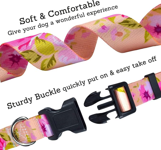 Mihqy Dog Collar with Bohemia Floral Tribal Geometric Patterns - Soft Ethnic Style Collar Adjustable for Small Medium Large Dogs (Pink Rose, S)
