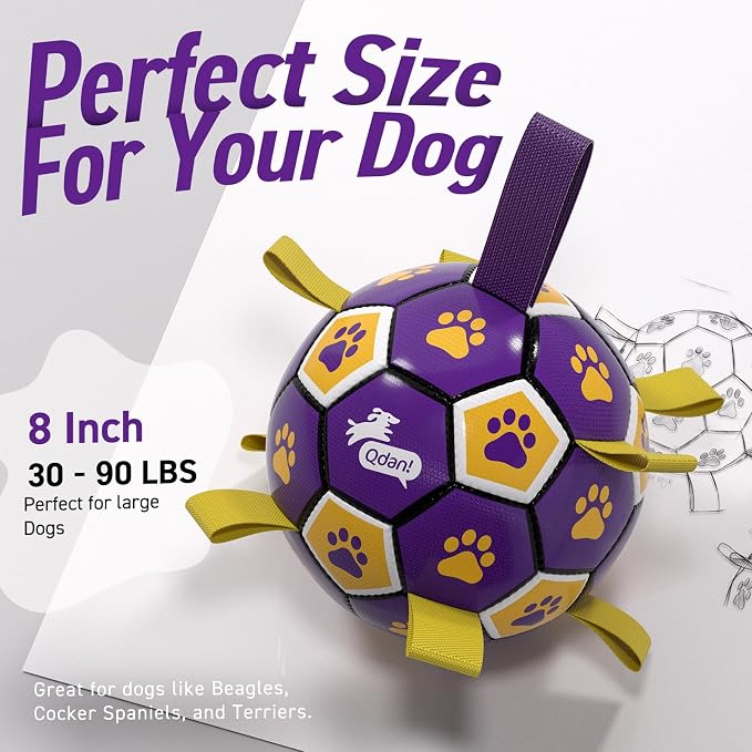 QDAN Dog Ropes Toys, Soccer Ball with Straps, Interactive Dog Toys for Tug of War, Dog Water Toy, Durable Balls for Medium Large Dogs（8 Inch）