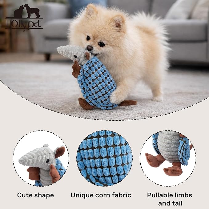 Hollypet Plush Dog Squeaky Toy Stuffed Armadillo Animal Pet Puppy Chew Toys with Clean Teeth for Small Medium Large All Breed Sizes Dogs, Sea Foam, 8 in