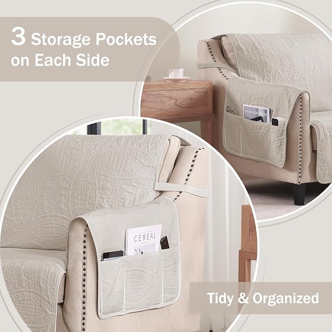 Quilted Beige Grand Sofa Couch Covers, Soft Cozy Couch Protector for 4 Cushion Couch, Cover for Super Large Sofa, Oversized Grand Sofa Slipcovers Water-Repellent (Grand Sofa 88", Beige Cream)