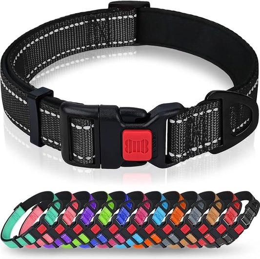 Taglory Reflective Dog Collar for Large Dogs, Soft Neoprene Padded with Escape-Proof Locking Buckle, Upgraded Zinc Alloy Ring, Adjustable for Pitbull Labrador Retriever, Black,L