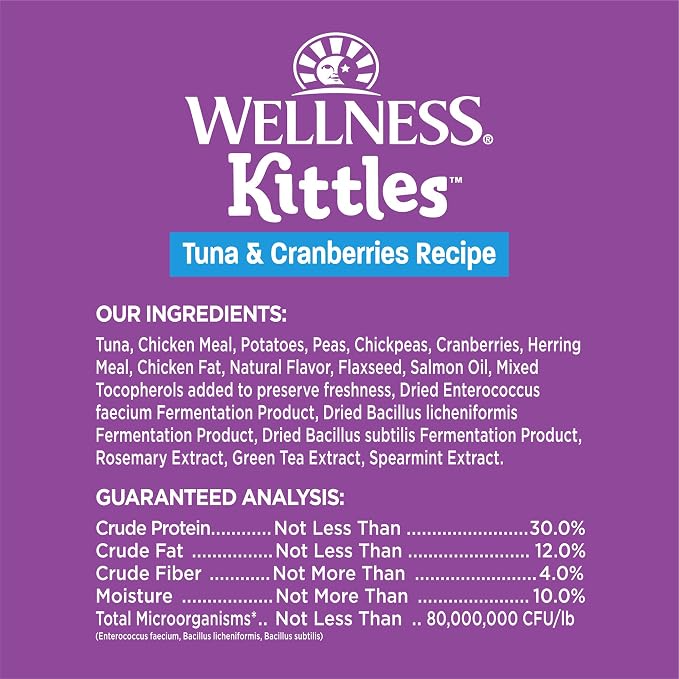 Wellness Kittles Crunchy Cat Treats, All Lifestages, Kitten to Senior, Natural, Grain Free, Tuna and Cranberry Flavor, 2 oz Bag (Pack of 2)