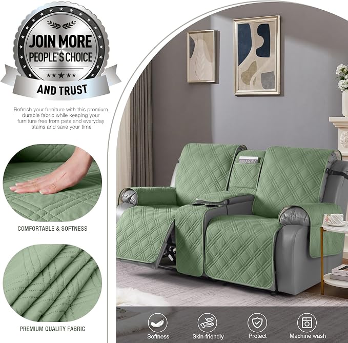TAOCOCO Waterproof Loveseat Recliner Cover with Console, Non-Slip Reclining Loveseat with Console Cover with Pocket, Split Recliner Sofa Covers Furniture Protector for Pets Dogs(2 Seater, Bean Green)