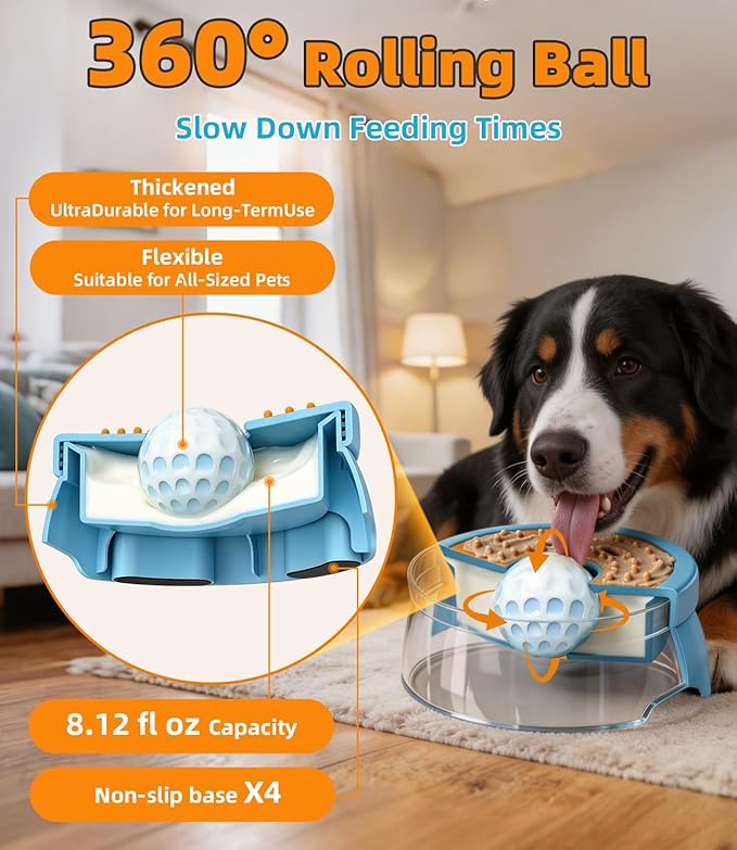 Slow Feeder Dog Bowl, 2-in-1 Interactive Dog Slow Feeder with 360° Rolling Ball for Yogurt, Wet Food & Liquid Treats, Spill-Resistant Anti-Slip Feeding Bowl for Dogs & Cats, Easy-Clean(Blue)