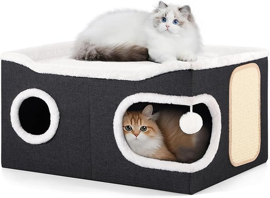Cat Beds for Indoor Cats, Extra Wide Cat Cube House for Multi Cats, Foldable Cat Cave Hideaway with Arc-Edge Design & Oval Door, Double-Side Soft Cushion for All Seasons, 24"L x 17.7"D x 12.6"H, Black