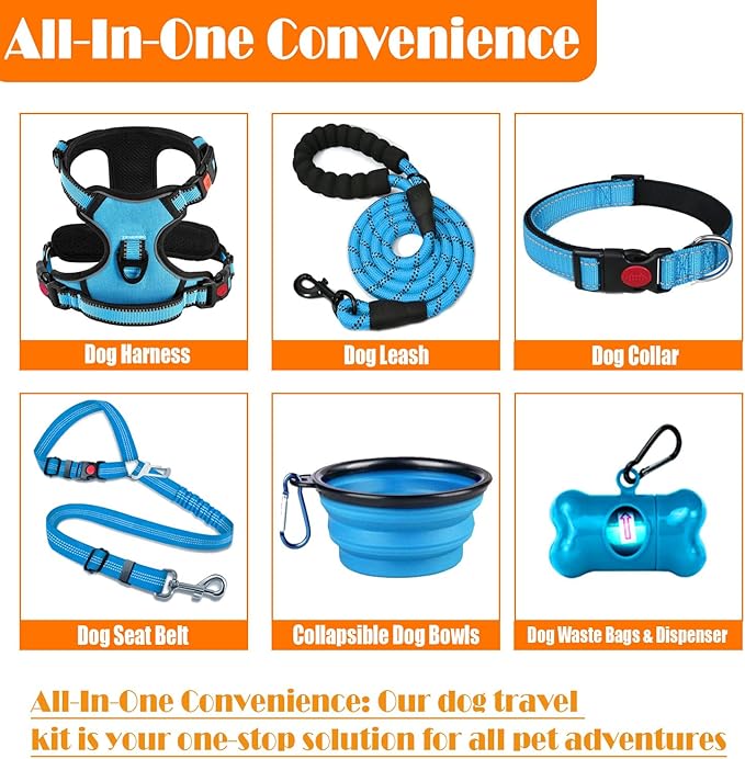 LOBEVE No Pull Dog Harness, Collar & Leash Set | Includes Dog Seat Belt, Collapsible Bowls & Poop Bag Dispenser. Ideal for Training, Walking, Hiking. Fits Small to Large Dogs(Blue-L)