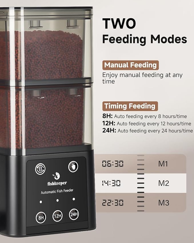 fishkeeper Automatic Fish Feeder for Aquarium - 520ML Large Capacity Adjustable Fish Feeder Automatic Dispenser with Timer for Vacation, Weekend or Daily Use, Three Fixed Methods