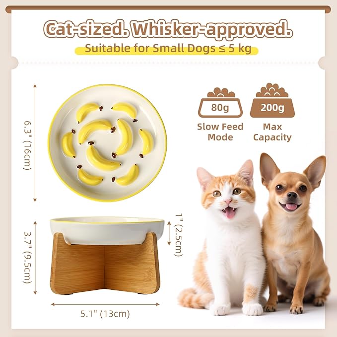Elevated Slow Feeder Cat Bowl - Ceramic Cat Food Plate with Anti-Slip Bamboo Stand - Whisker Friendly Feeding Bowl - Shallow Maze Dish for Slow Eating - Yellow