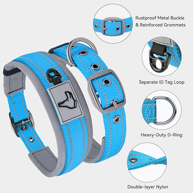 Joytale Dog Collar for Medium Dogs, Neoprene Padded and Adjustable, Reflective Wide Heavy Duty Pet Collars with Durable Metal Belt Buckle for Walking, Sky Blue, M