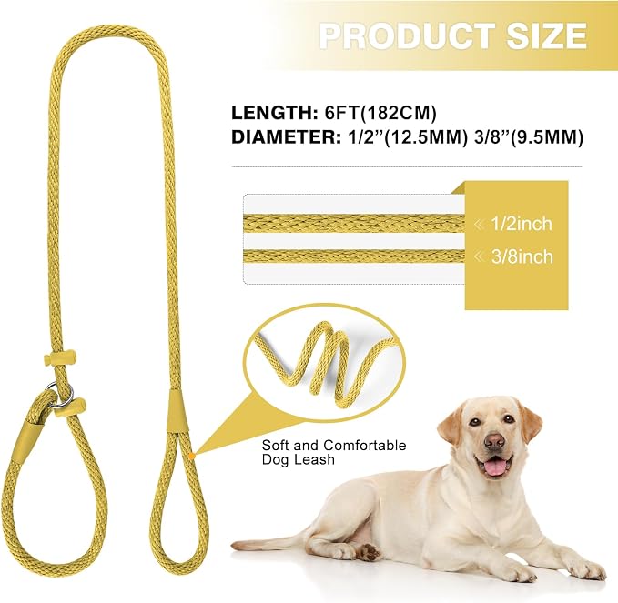 Lynxking Dog Leash Slip Lead Reflective Breathable Rope Comfortable Strong No Pull Slip On Pet Training Lead for Dogs (Yellow, Large 1/2 inch x 6ft)