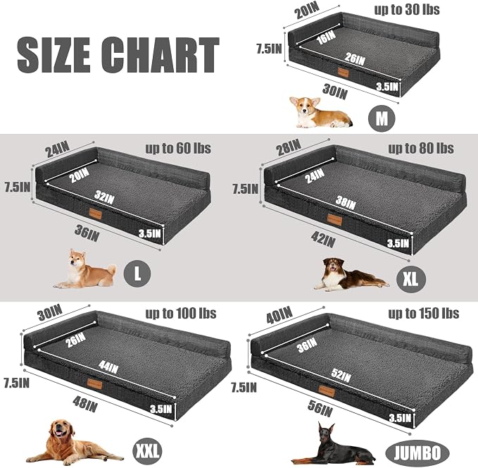 Patas Lague Orthopedic XL Dog Bed Large Sized Dog 42''X28'', Waterproof L Bolster Big Large Pet Sofa Beds with Removable Washable Cover, Soft Pet Couch Crate Mat with Nonskid Bottom, Dark Grey