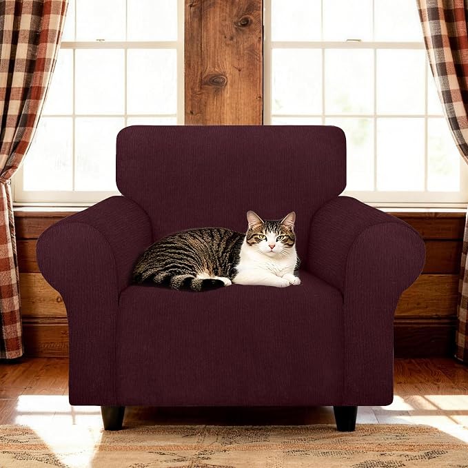 Waterproof Stretch Spandex Chair Sofa Slipcover,Washable Non-Slip Soft Couch Cover with Elastic Bottom, Leakproof Furniture Protector for Kids, Pets, Dogs & Cats (Chair, Burgundy)