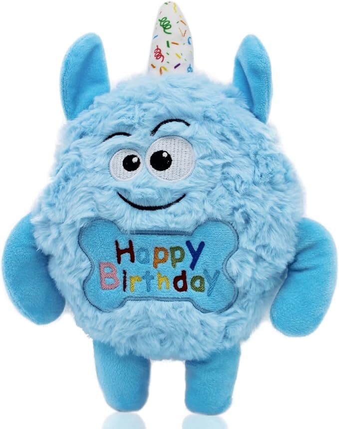 Plush Dog Birthday Toy for Girl Boy Gifts, Crinkle Squeaky Dog Toy Keep Them Busy Tug of War Stuffed Dog Chew Toy for Small Medium Large Dogs (Sky Blue)