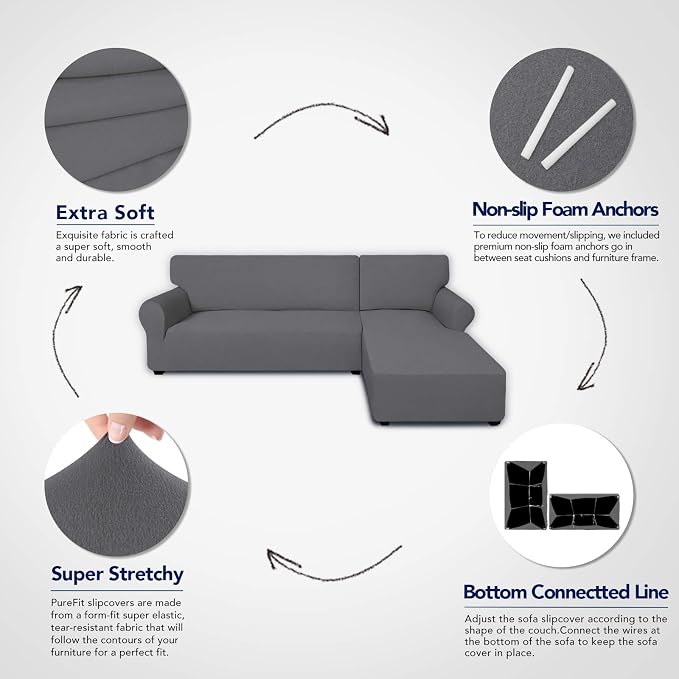 PureFit Super Stretch Sectional Couch Covers - 2 pcs Spandex Non Slip Sofa Covers with Elastic Bottom for L Shape Sectional Sofa Couch, Great for Kids & Pets (3 Seat Sofa + 3 Seat Chaise, Gray)