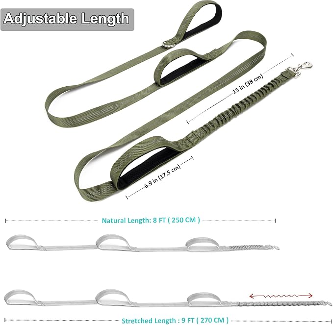 BTINESFUL 8ft Dog Leash with 3 Handles, Triple Handle, Reflective, Shork Absorbing Bungee, Control & Safety Training for Large Medium Dogs (Army Green, 1 in x 8 ft)