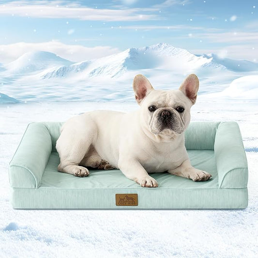 COZY KISS Cooling Dog Bed for Small Dogs, 30"x20" Orthopedic Foam Sofa with Bolster Sides, Q-Max >0.4 Cooling Technology, Cool Pet Bed with Removable Washable Cover, Green