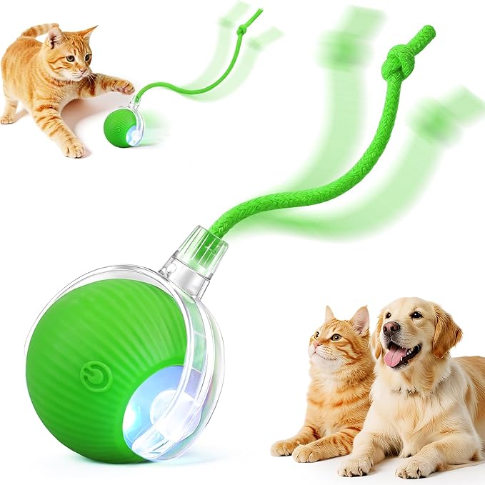 Smart Interactive Automatic Electric Rolling Moving Rechargeable Motion Activated Self Solo Play Electronic Stimulation Chase Teaser Ball Toy with Rope for Indoor Bored Adult Cat and Dog, Green