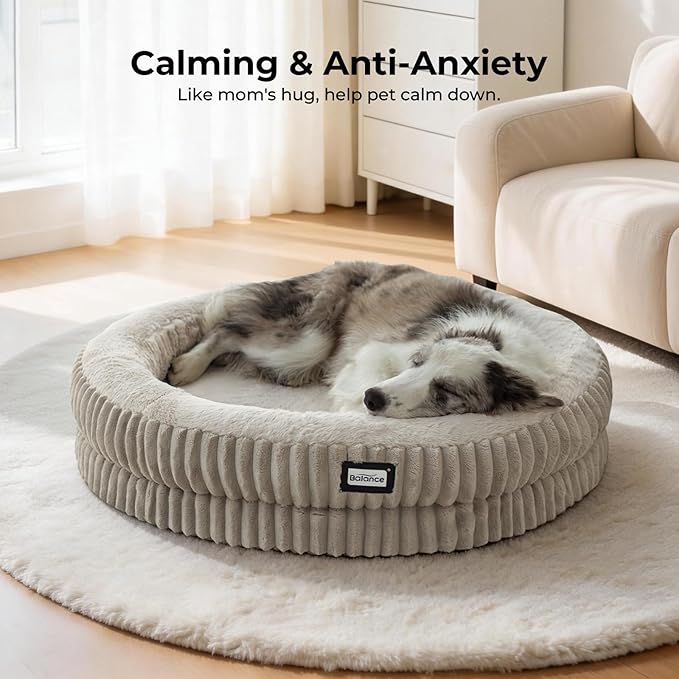 BALANCE Donut Dog Bed, 36 Inches Round Dog Bed Large Size Dogs Washable, Orthopedic Calming Dogs Beds for Pets, Fluffy Plush Faux Fur Pet Bed with Anti-Slip Bottom