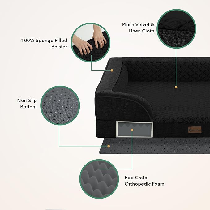 Orthopedic Dog Beds for Extra Large Sized Dogs 53x42 Inch, XXL Waterproof Egg Crate Foam Dog Sofa Bed with Removable Washable Cover Big Pet Couch with Bolster & Non-Slip Bottom, Black