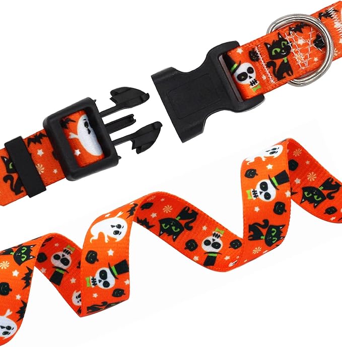 Mihqy Halloween Dog Collar - Pumpkin Bat Ghost Pattern - Adjustable for Small Medium Large Dogs(Halloween,L)
