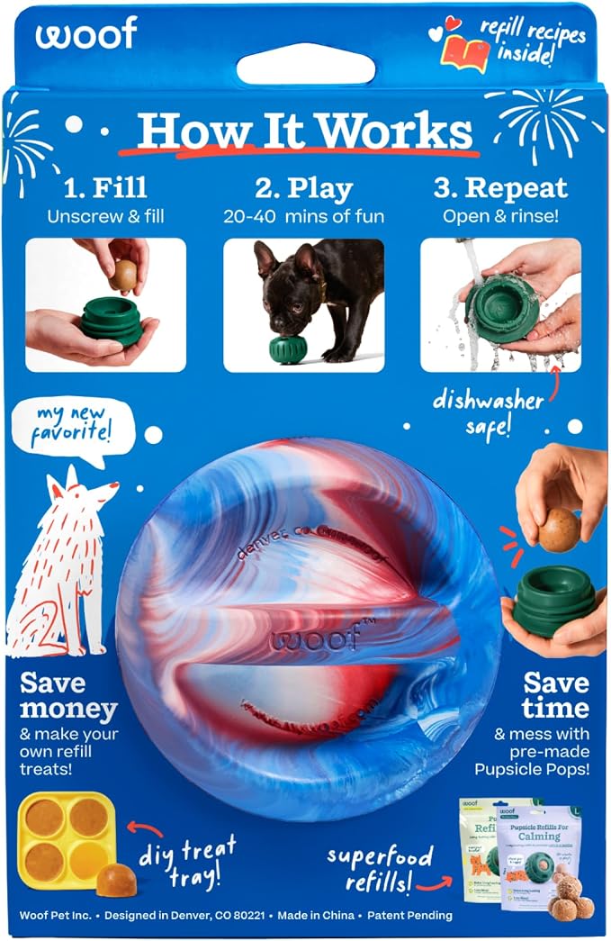 WOOF Pupsicle - Long-Lasting Interactive Dog Ball Toy to Keep Your Pup Busy and Distracted - Safe for Dogs - Low-Mess Design - Dog Toys for Medium and Large Dogs 25-75 lbs - July 4th Edition