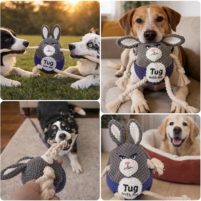 BABORUI Interactive Dog Toys, Easter Squeaky Dog Rope Toys with Recording and Music Modes, Dogs Tug Toy for Small/Medium/Large Dogs to Keep Them Busy (Blue Bunny)
