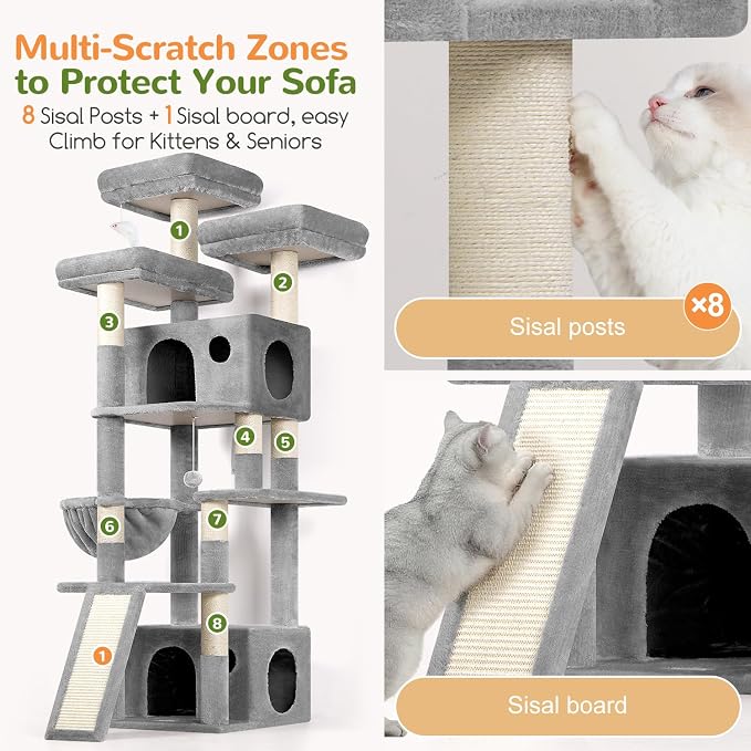Globlazer Heavy Duty Cat Tree, 73inch Sturdy Cat Tower with Scratching Post for Indoor Multiple Cats, Maine Coon Cat Tree with Cat Perch, Basket, Cat Condo for Adult Cats Kittens, F73C, Light Grey