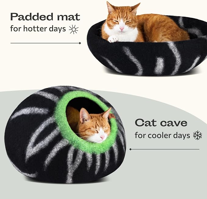 MEOWFIA Cat Cave – Premium Felt Cat Enclosure for Indoor Cats, Handmade Merino Wool (Shining Tiger, Large)
